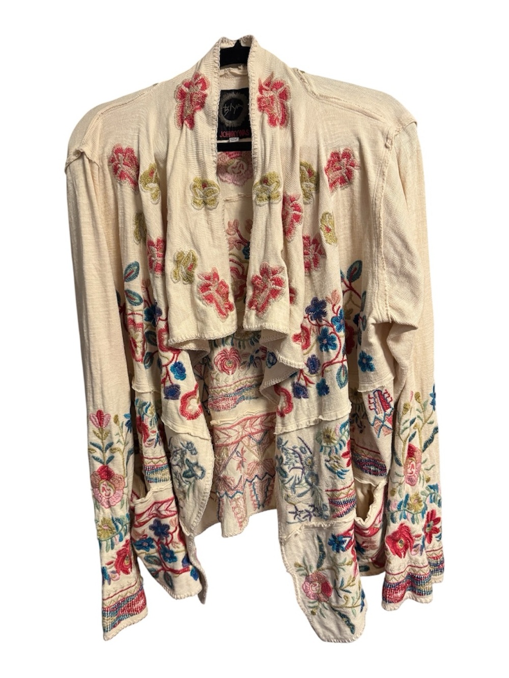 Johnny Was Cream Open-Front Embroidered Floral Cardigan